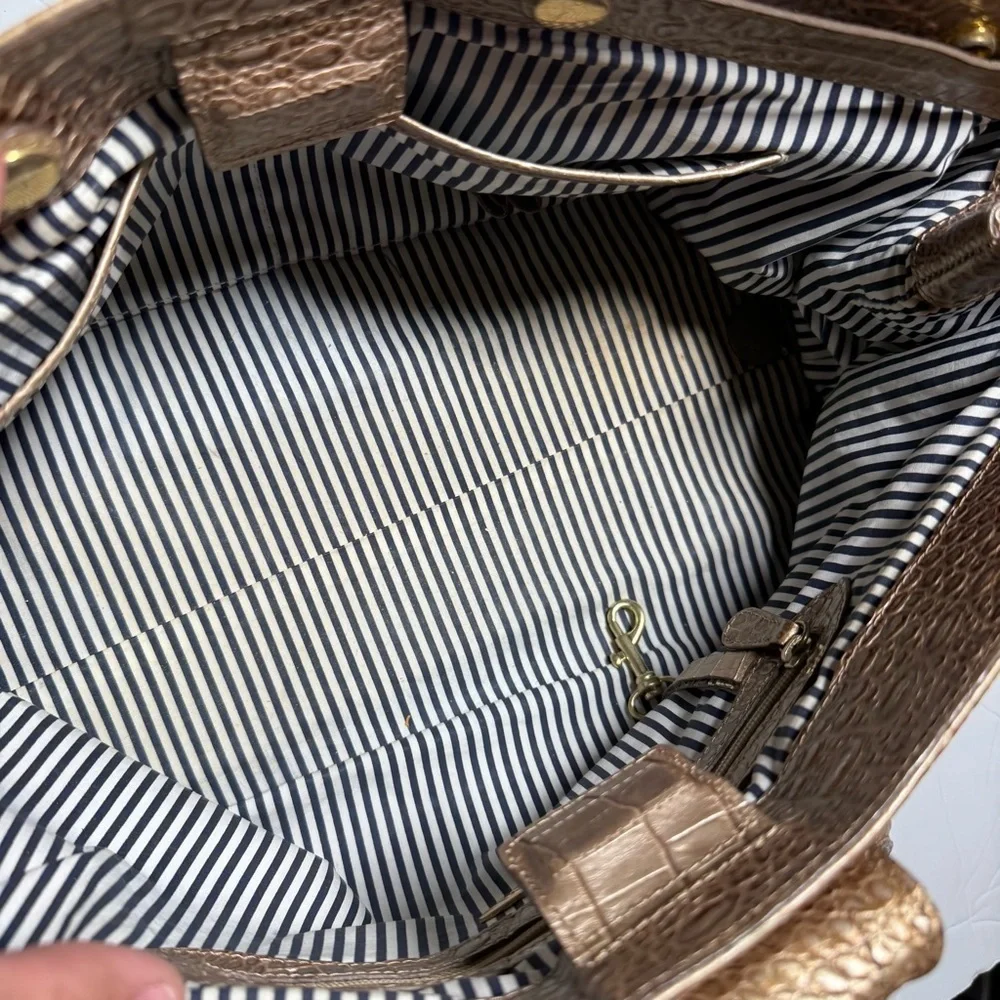 Brahmin Straw Satchel Bag Gold Crocodile Leather Brown Croc Shimmer